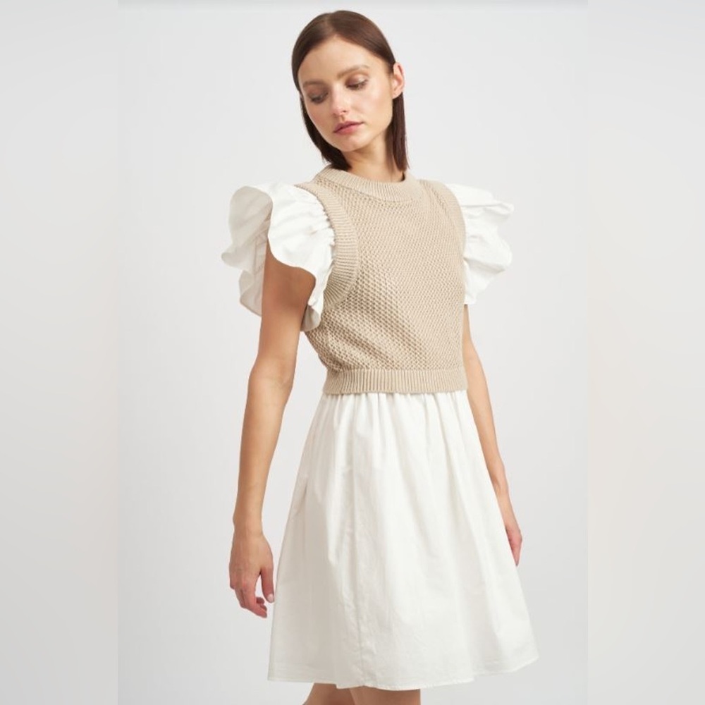 En Saison Freya Mixed Media Ruffle Sleeve Overlay Mini Dress Light Taupe Small - Picture 3 of 7